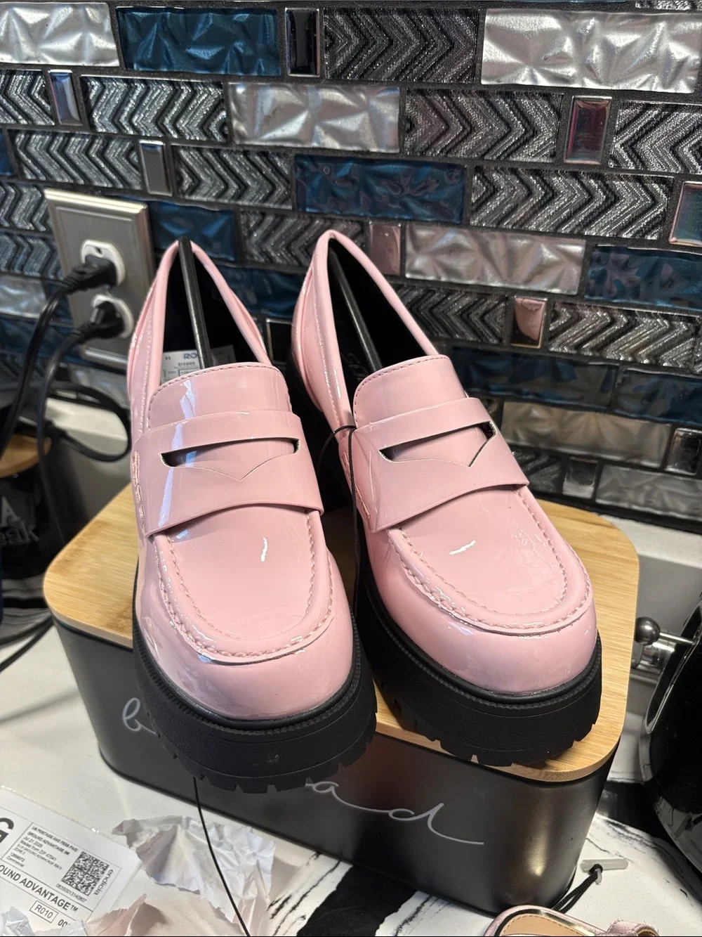 Soda Pink Patent Platform Loafers with Black Lug Sole